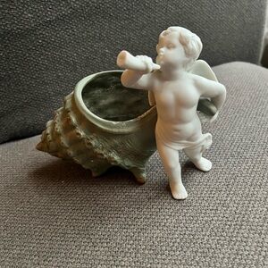 White Porcelain Cherub Figurine with Green Shell Planter